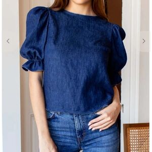 Emerson Fry Pearl Blouse Puff Sleeve Denim Top Size Small